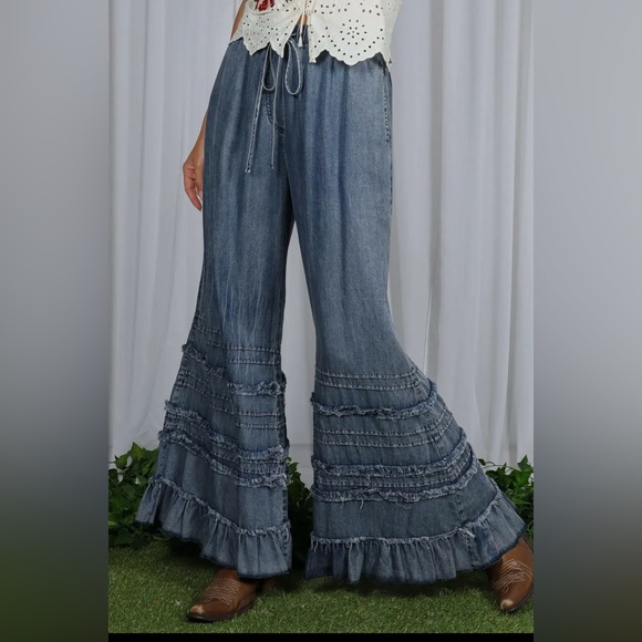 Dark wash ruffled western boho palazzo wide leg chambray denim pant jeans - Picture 7 of 9